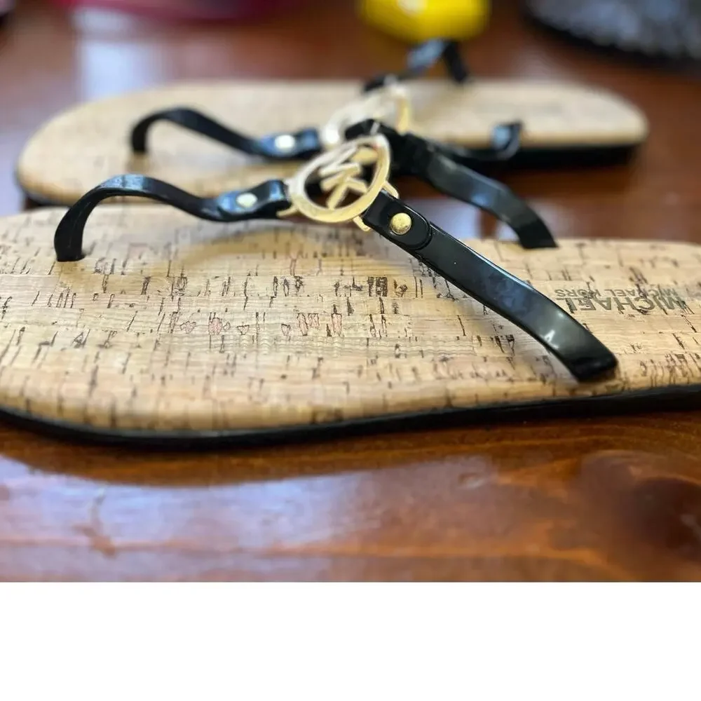 Michael Kors Signature Flip Flops With Black Straps and Gold Emblem- Womens  11